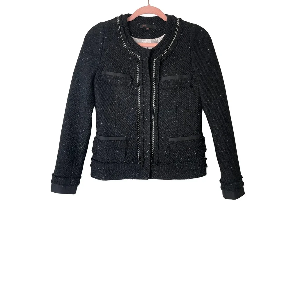 Maje Blazer Womens 36 Small Black Wool Tweed Knit Chain Trim Jacket Quiet Luxury